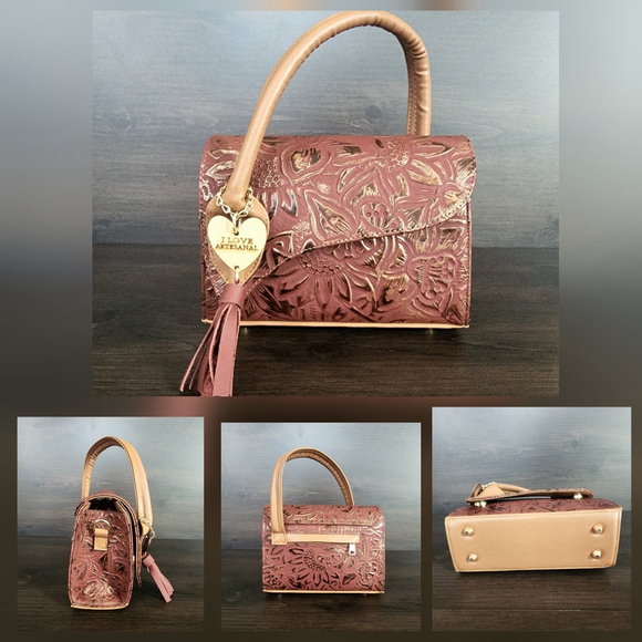 Red Wine Gold Sunflower Embossed Tooled Artisan LEATHER Crossbody bag Purse - Picture 14 of 15